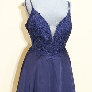 ALYCE embellished bodice satin A-line dress in midnight size 18